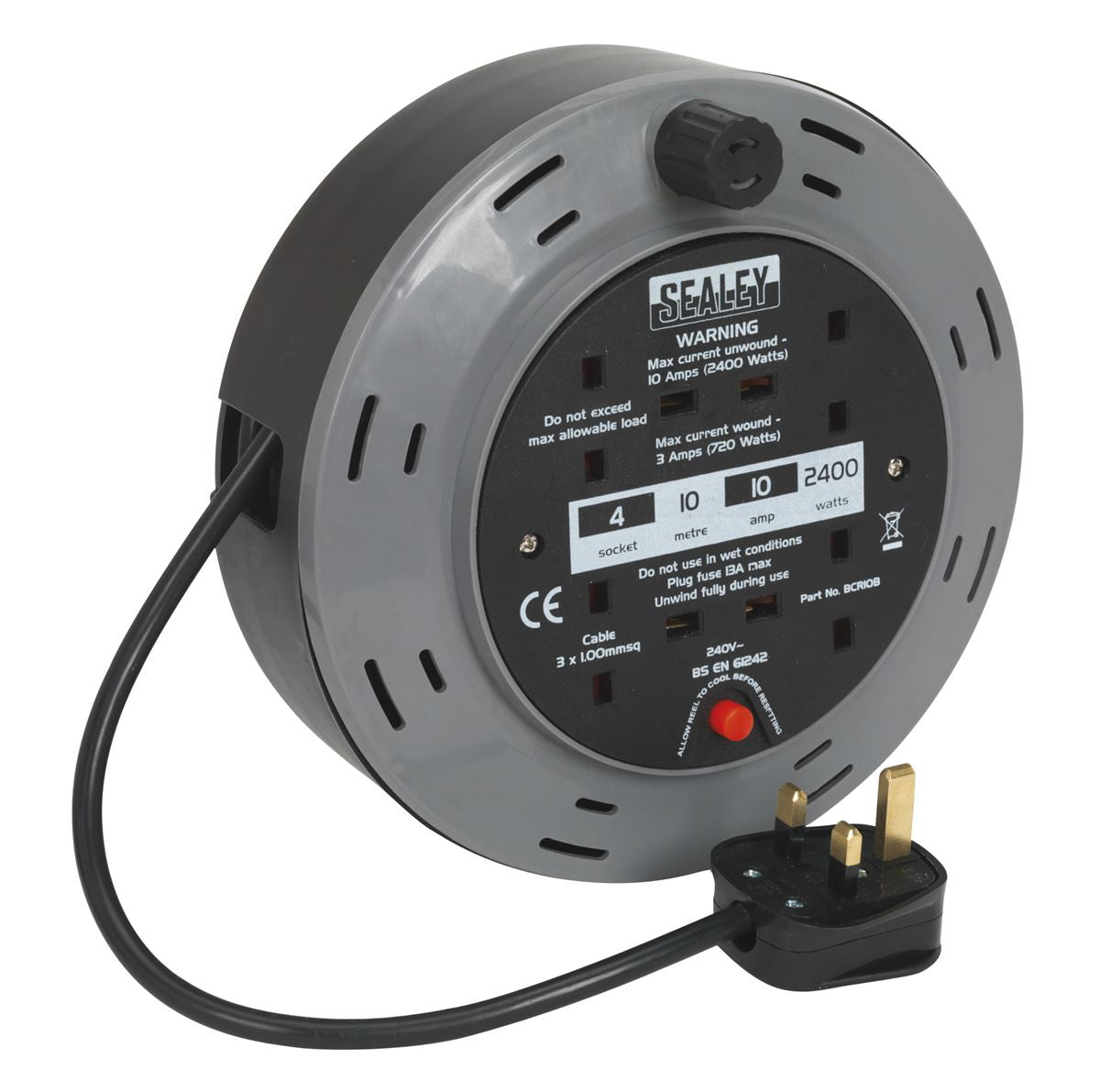 Sealey Cassette Type Cable Reel 10m 4 x 230V 1.00mm� Thermal Trip BCR10B