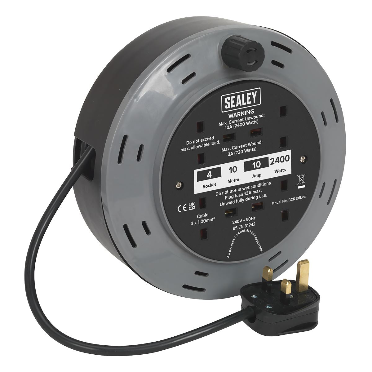 Sealey Cassette Type Cable Reel 10m 4 x 230V 1.00mm� Thermal Trip BCR10B