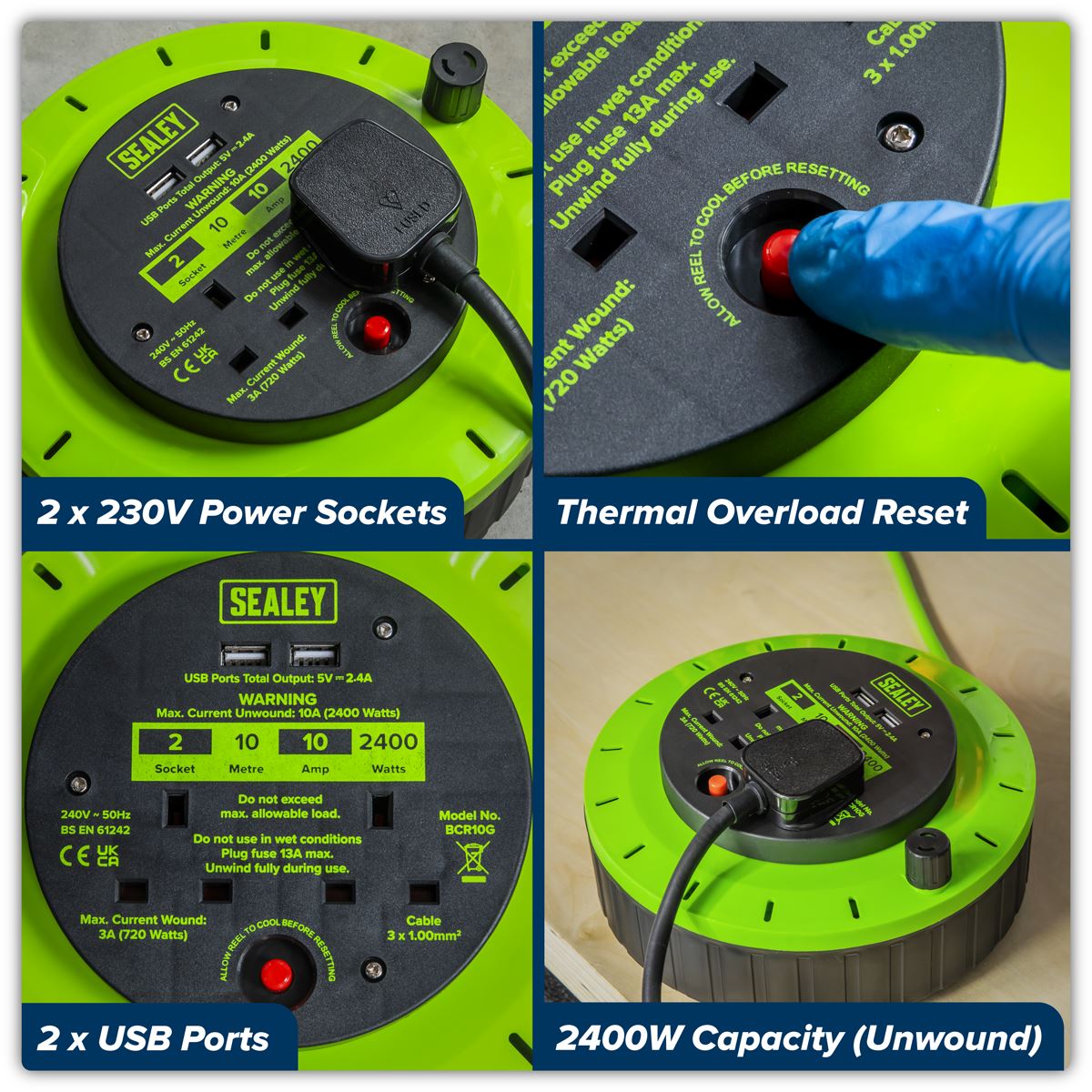 Sealey Cassette Type Cable Reel Green with Thermal Trip 2 x 230V and 2 x USB 10m BCR10G