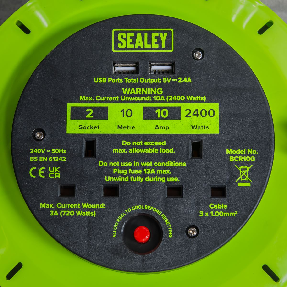 Sealey Cassette Type Cable Reel Green with Thermal Trip 2 x 230V and 2 x USB 10m BCR10G