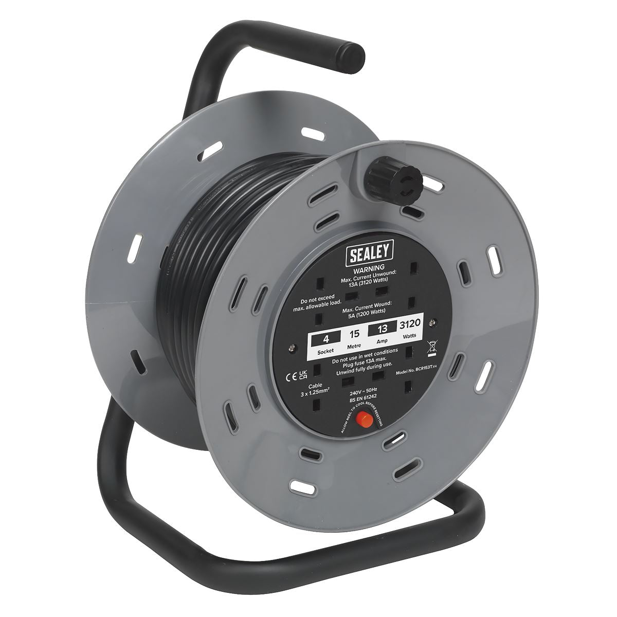 Sealey Cable Reel 15m 4 x 230V Thermal Trip BCR153T