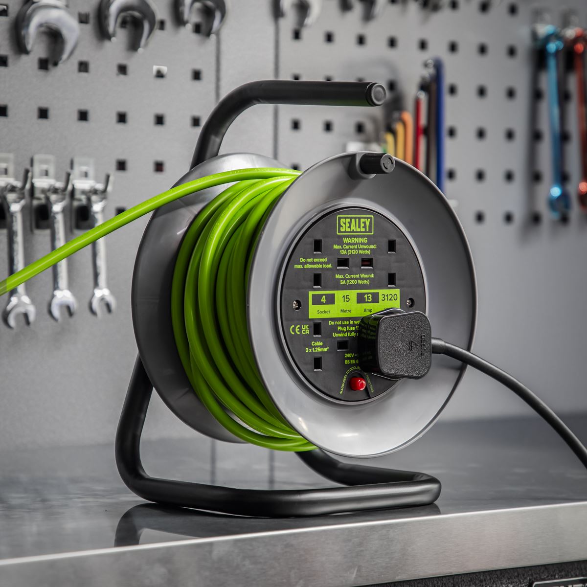 Sealey Cable Reel with Thermal Trip 4 x 230V 15m - Green BCR153TG