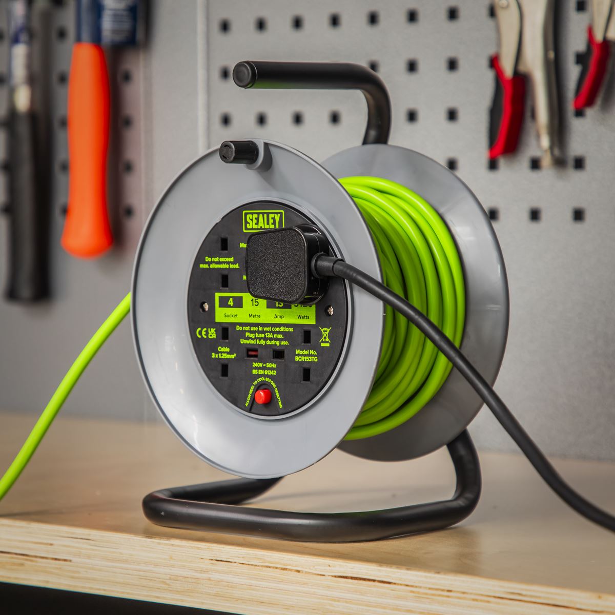 Sealey Cable Reel with Thermal Trip 4 x 230V 15m - Green BCR153TG
