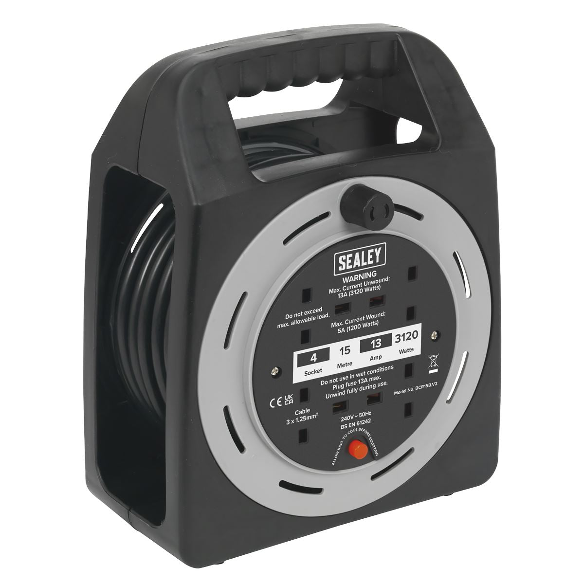 Sealey Cable Reel Box Type 15m 4 x 230V 1.25mm� Thermal Trip BCR15CB
