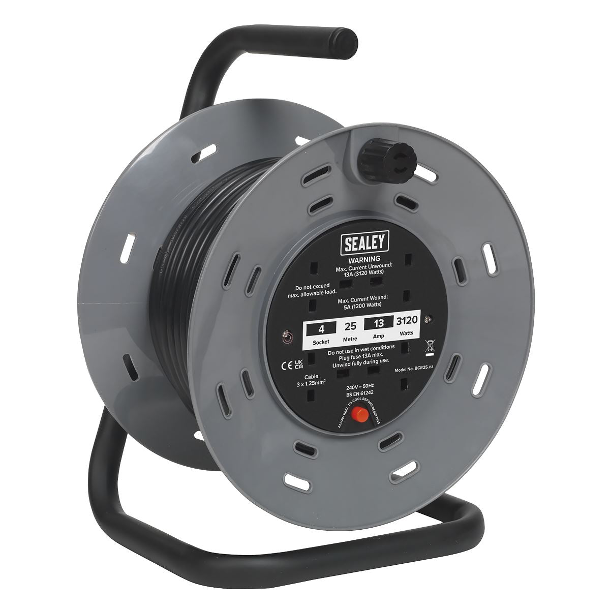 Sealey Cable Reel 25m 4 x 230V 1.25mm� Thermal Trip BCR25
