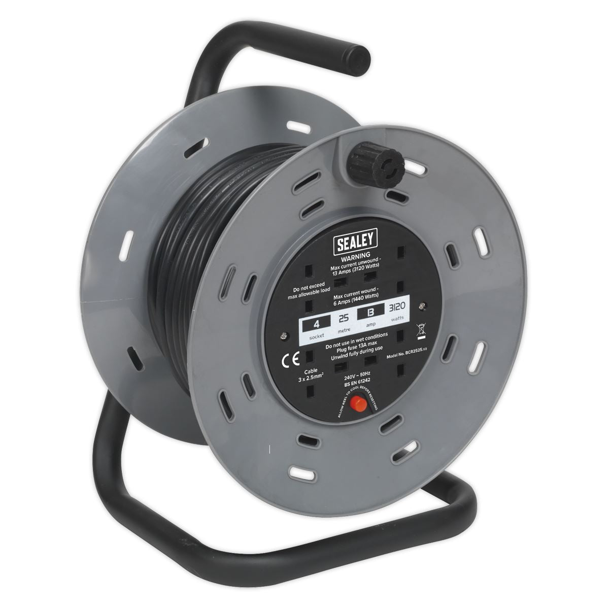 Sealey Cable Reel 25m 4 x 230V 2.5mm� Thermal Trip BCR2525