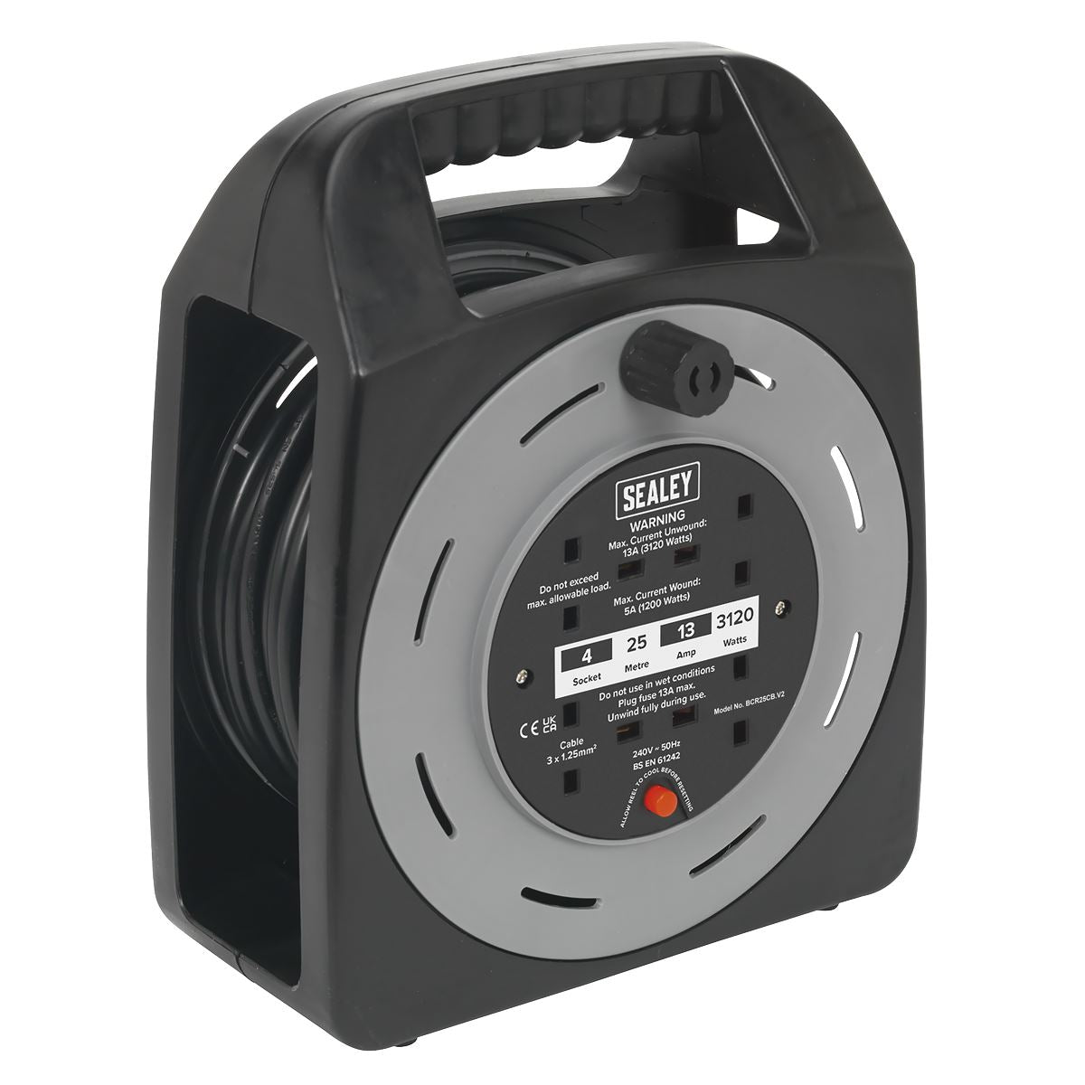 Sealey Cable Reel Box Type 25m 4 x 230V 1.25mm� Thermal Trip BCR25CB