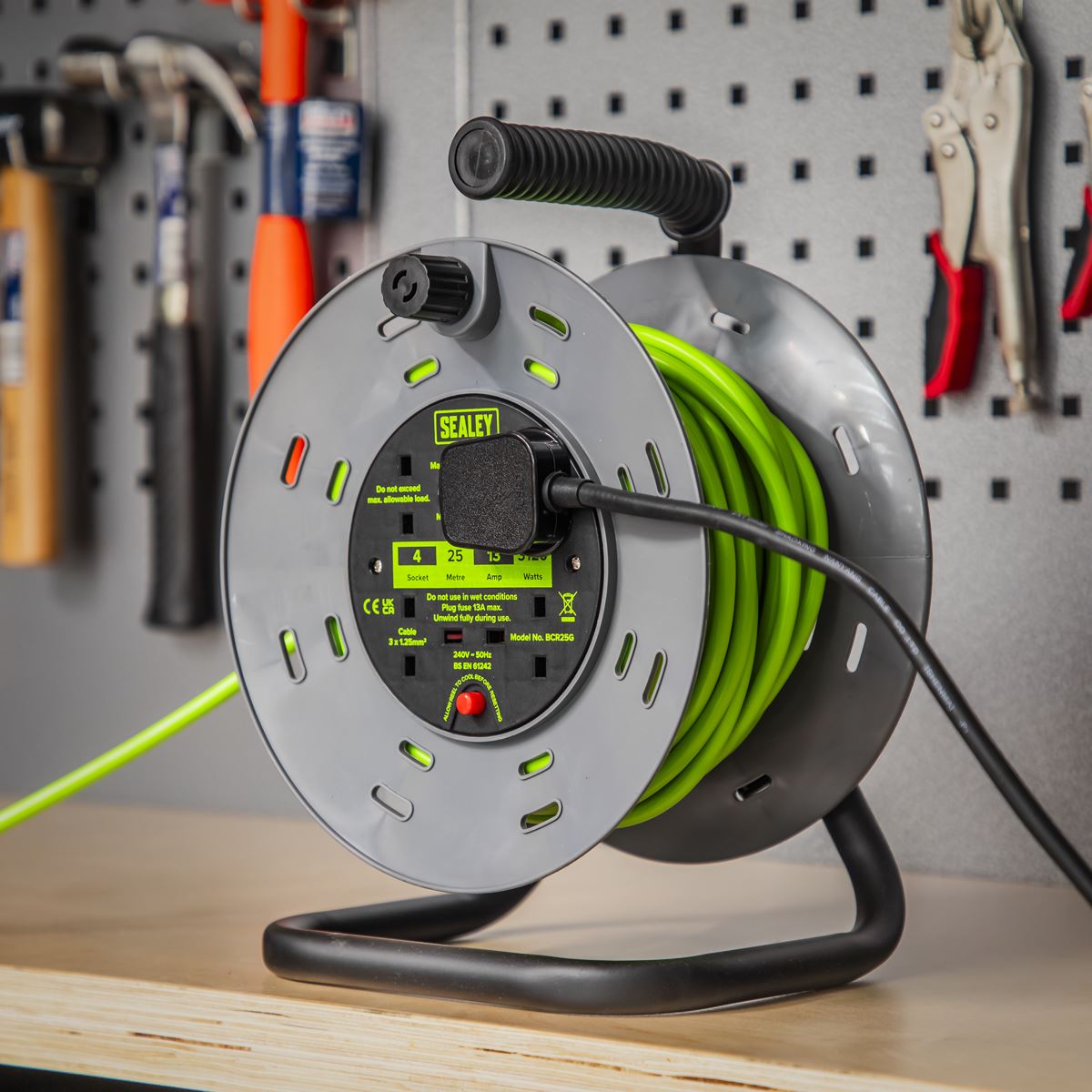 Sealey Cable Reel with Thermal Trip 4 x 230V Sockets 25m - Green BCR25G