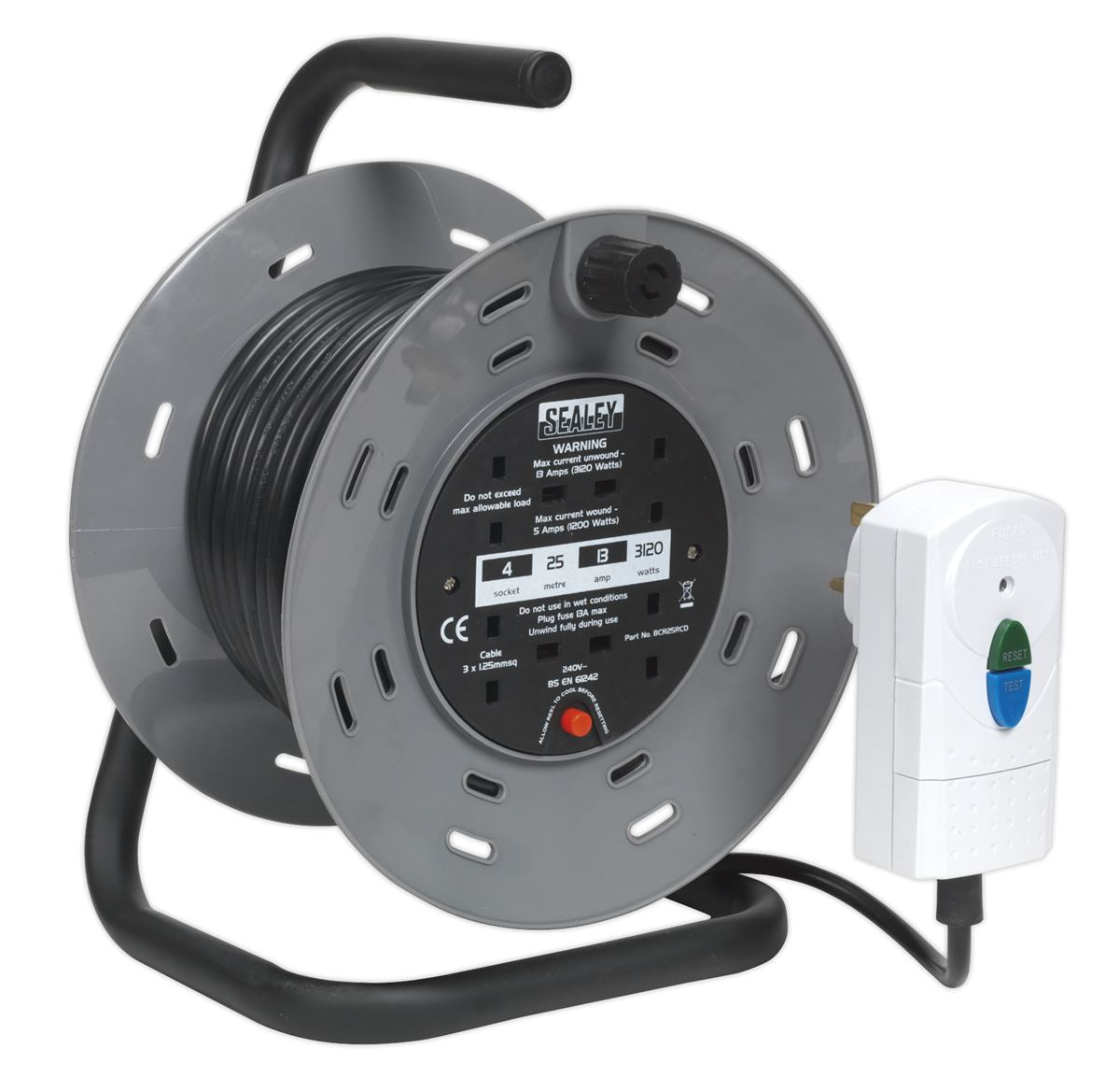 Sealey Cable Reel 25m 4 x 230V 1.25mm� Thermal Trip with RCD Plug BCR25RCD