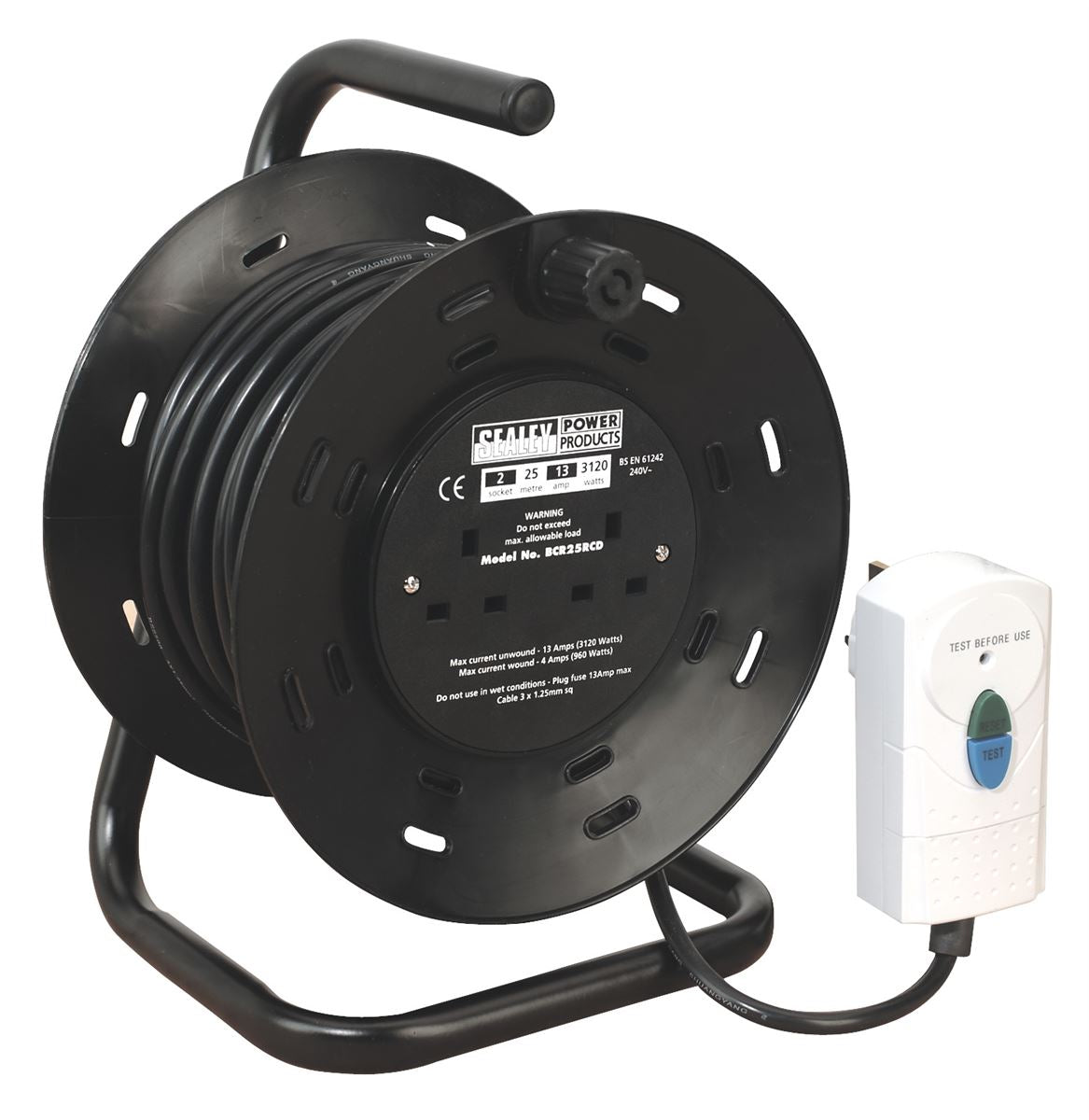 Sealey Cable Reel 25m 4 x 230V 1.25mm� Thermal Trip with RCD Plug BCR25RCD