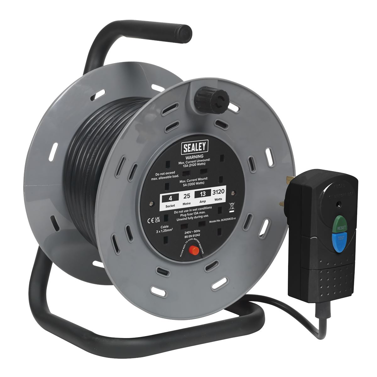 Sealey Cable Reel 25m 4 x 230V 1.25mm� Thermal Trip with RCD Plug BCR25RCD