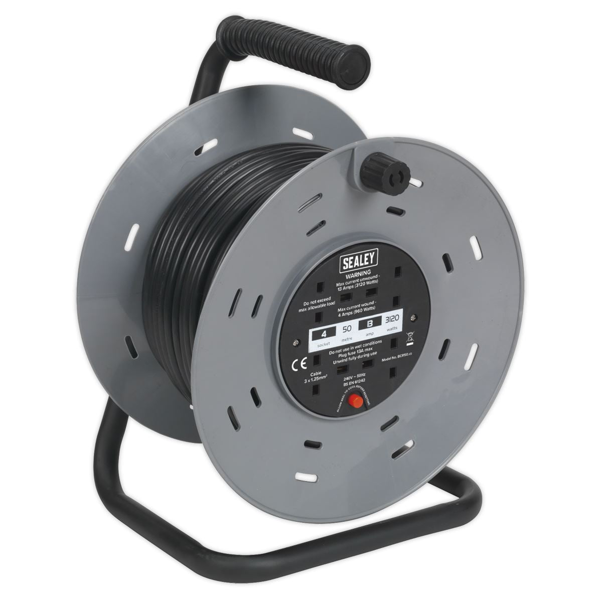 Sealey Cable Reel 50m 4 x 230V 1.25mm� Thermal Trip BCR50