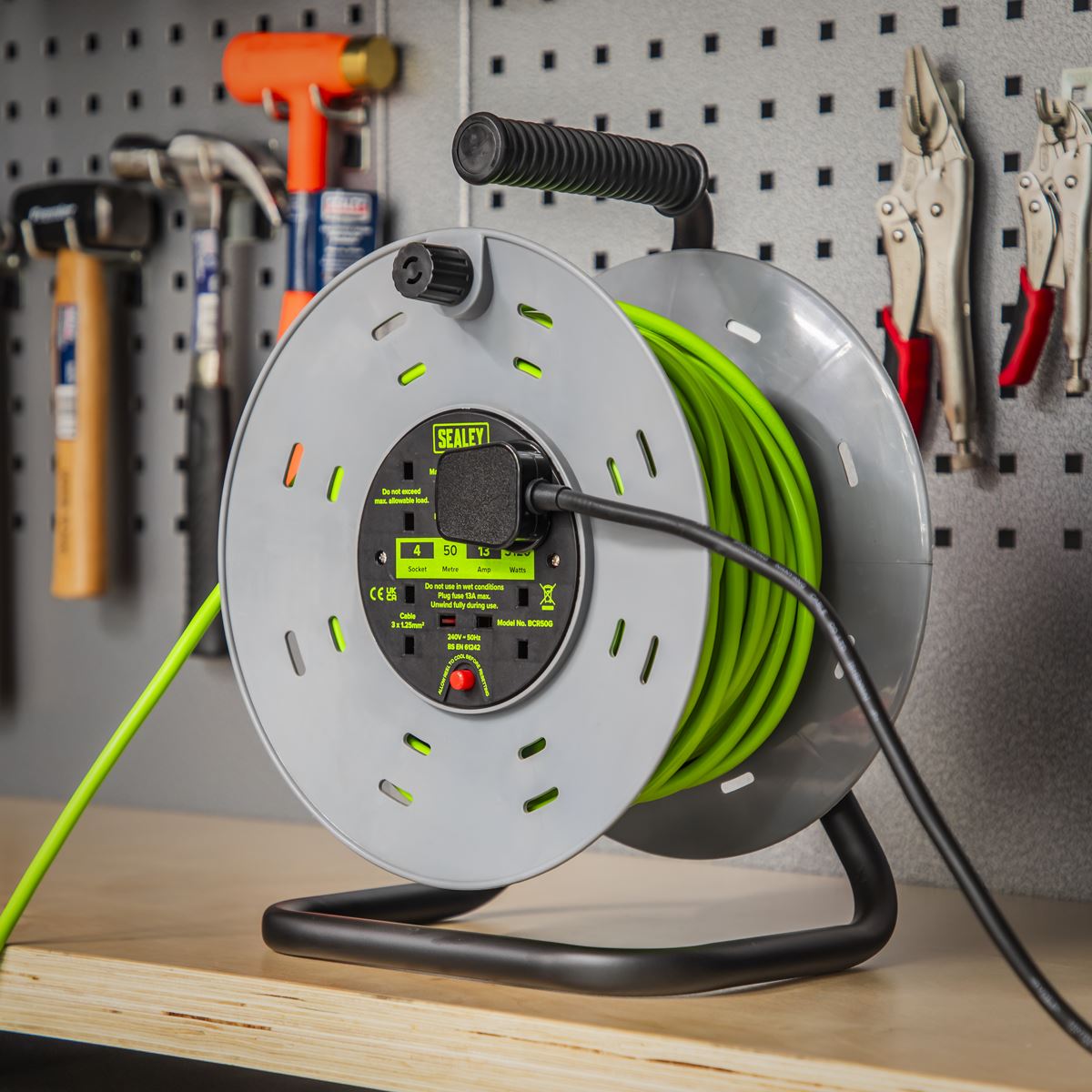 Sealey Cable Reel with Thermal Trip 4 x 230V Sockets 50m - Green BCR50G