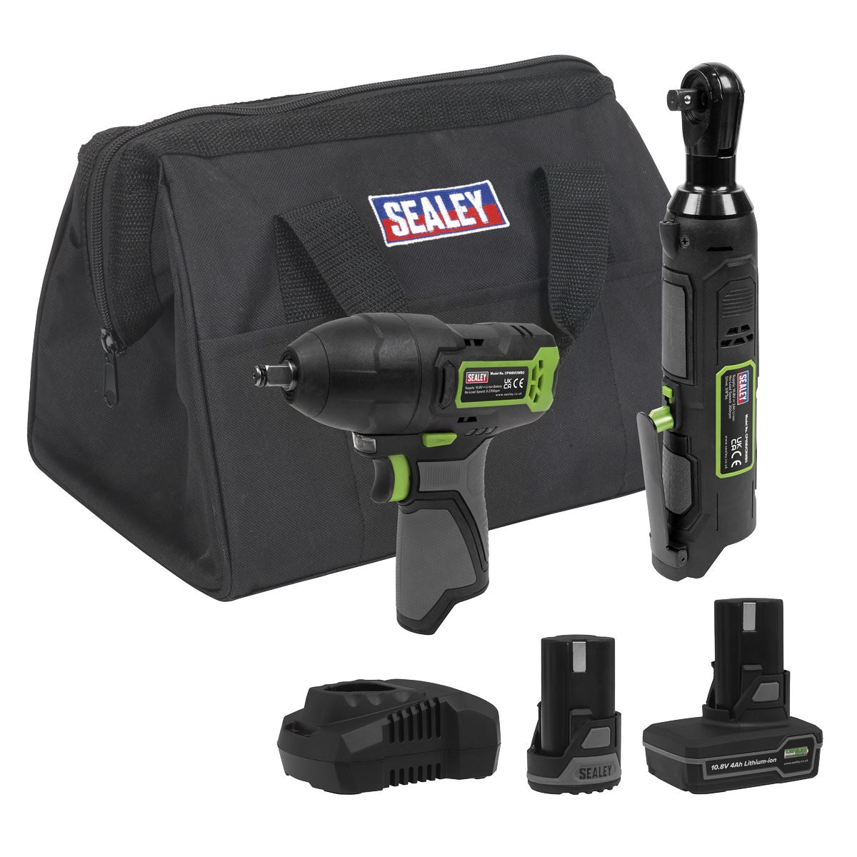 Sealey 2 x 10.8V SV10.8 Series Impact Wrench & Ratchet Wrench Kit - 2 Batteries & Euro Plug CP108VCOMBO6EU