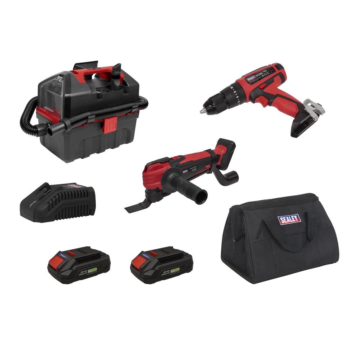 Sealey 3 x SV20 Series Cordless Power Tool Vac Kit 20V Euro Plug - 2 Batteries CP20VCOMBO5EU