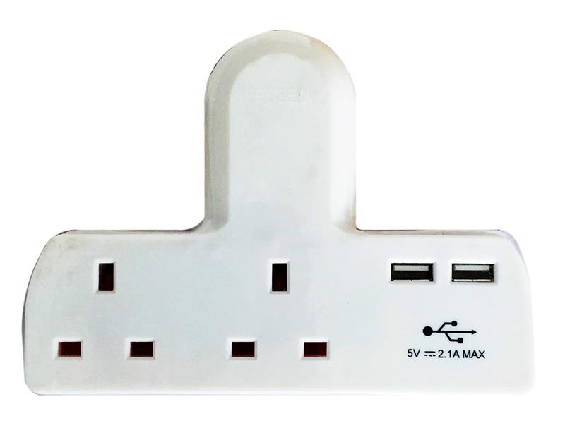 Dencon T shape Socket 2 Way Adaptor 13A Fused with USB DCN1695