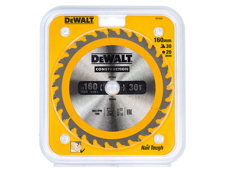 DEWALT Portable Construction Circular Saw Blade 160 x 20mm x 30T DEWDT1932QZ