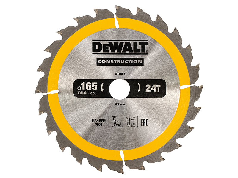 DEWALT Portable Construction Circular Saw Blade 165 x 20mm x 24T DEWDT1934QZ