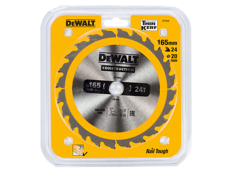 DEWALT Portable Construction Circular Saw Blade 165 x 20mm x 24T DEWDT1934QZ