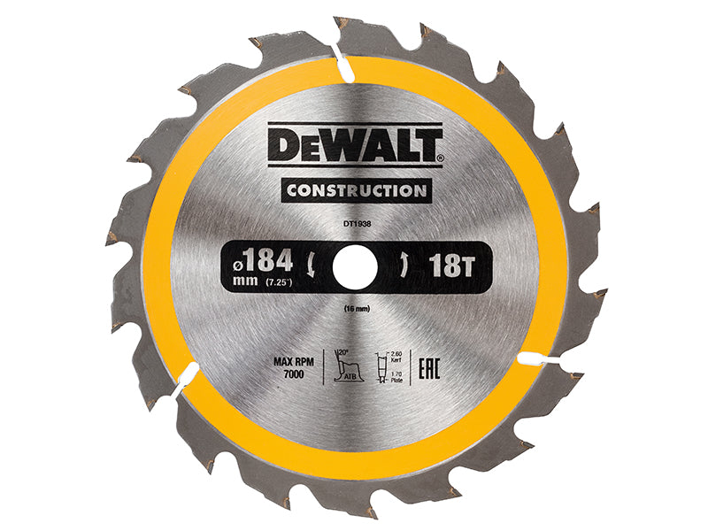 DEWALT Portable Construction Circular Saw Blade 184 x 16mm x 18T DEWDT1938QZ