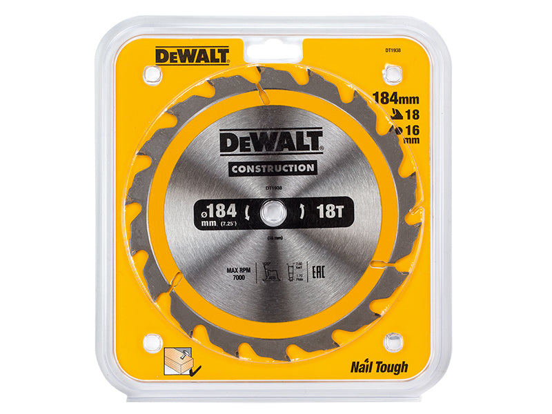 DEWALT Portable Construction Circular Saw Blade 184 x 16mm x 18T DEWDT1938QZ