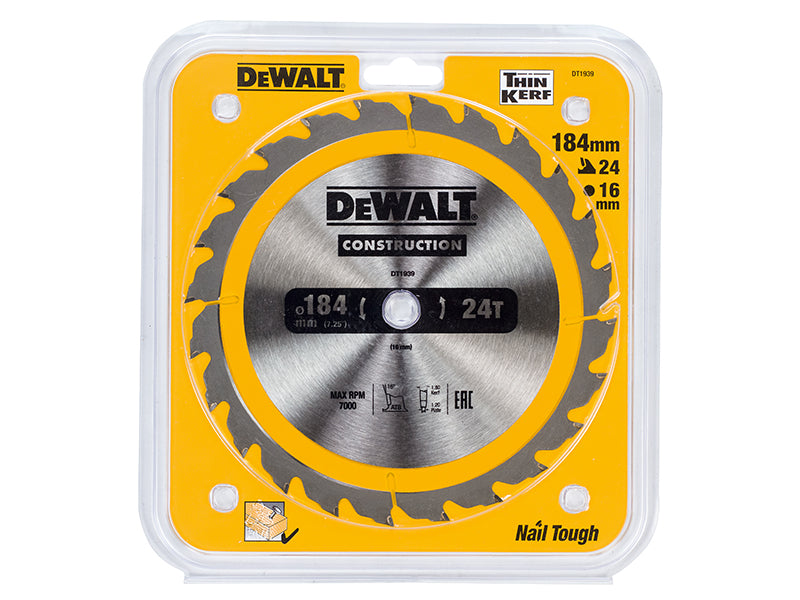 DEWALT Portable Construction Circular Saw Blade 184 x 16mm x 24T DEWDT1939QZ