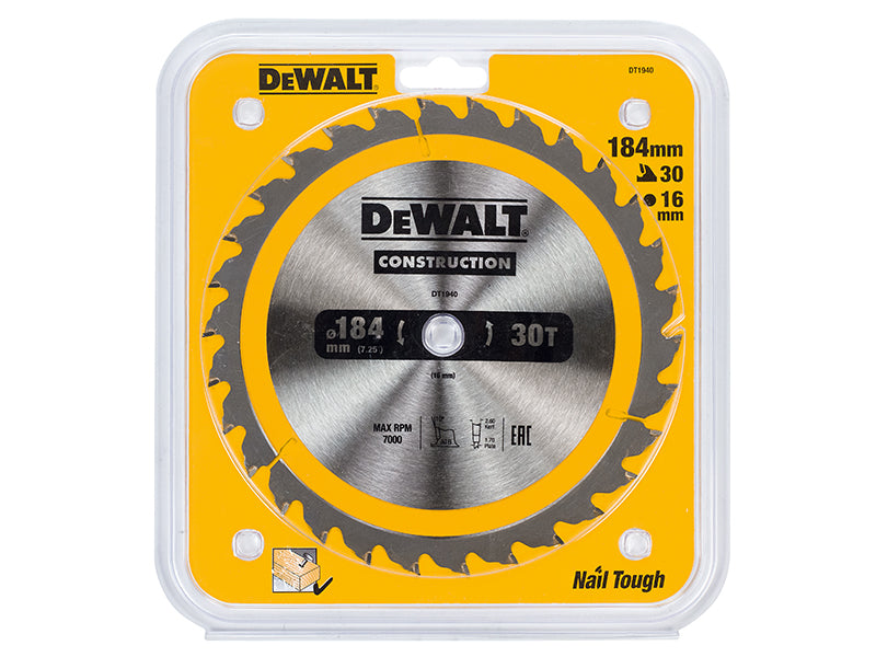 DEWALT Portable Construction Circular Saw Blade 184 x 16mm x 30T DEWDT1940QZ