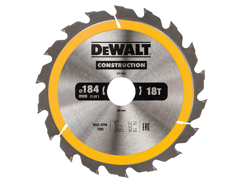 DEWALT Portable Construction Circular Saw Blade 184 x 30mm x 18T DEWDT1941QZ