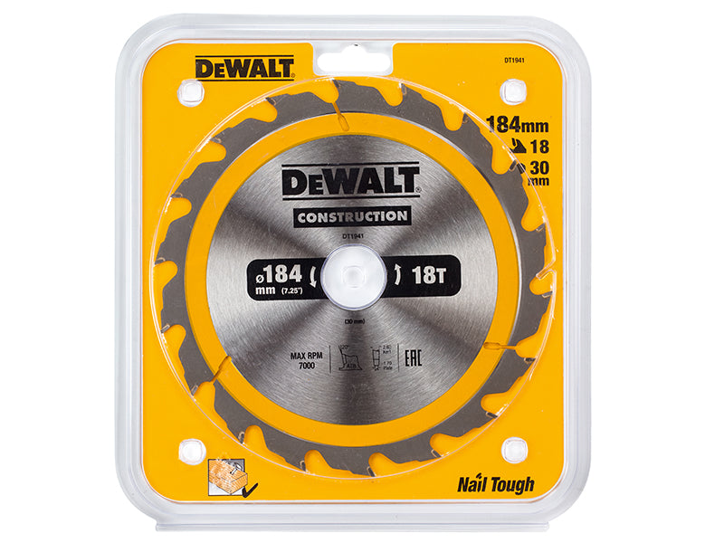 DEWALT Portable Construction Circular Saw Blade 184 x 30mm x 18T DEWDT1941QZ