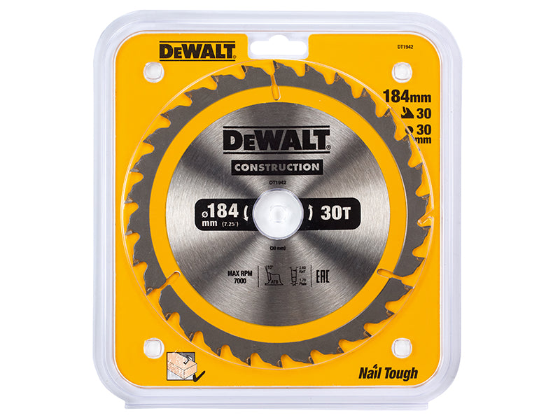 DEWALT Portable Construction Circular Saw Blade 184 x 30mm x 30T DEWDT1942QZ