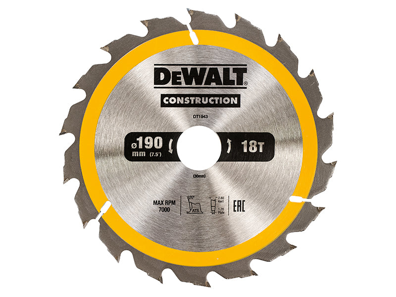 DEWALT Portable Construction Circular Saw Blade 190 x 30mm x 18T DEWDT1943QZ