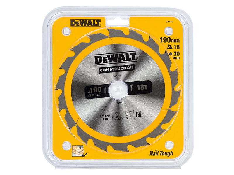DEWALT Portable Construction Circular Saw Blade 190 x 30mm x 18T DEWDT1943QZ