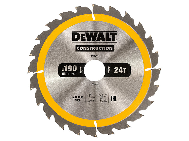 DEWALT Portable Construction Circular Saw Blade 190 x 30mm x 24T DEWDT1944QZ