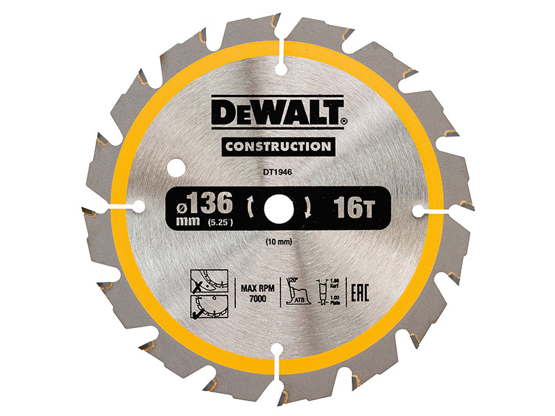 DEWALT Cordless Construction Trim Saw Blade 136 x 10mm x 16T DEWDT1946QZ