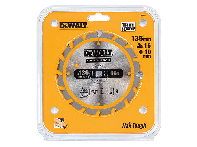 DEWALT Cordless Construction Trim Saw Blade 136 x 10mm x 16T DEWDT1946QZ