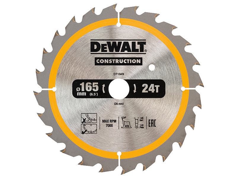 DEWALT Cordless Construction Trim Saw Blade 165 x 20mm x 24T DEWDT1949QZ