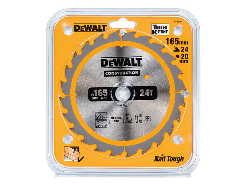 DEWALT Cordless Construction Trim Saw Blade 165 x 20mm x 24T DEWDT1949QZ