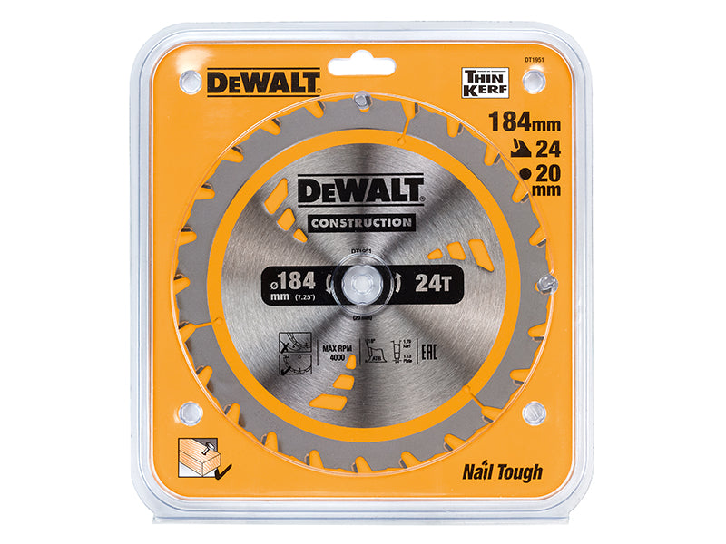 DEWALT Construction Trim Saw Blade 184 x 20mm x 24T Kerf 1.79mm DEWDT1951QZ