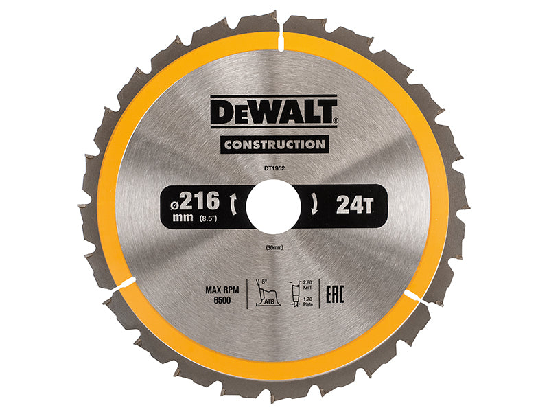 DEWALT Stationary Construction Circular Saw Blade 216 x 30mm x 24T ATB/Neg DEWDT1952QZ