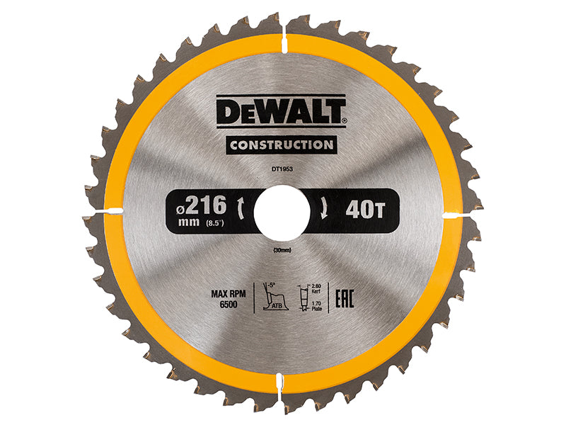 DEWALT Stationary Construction Circular Saw Blade 216 x 30mm x 40T ATB/Neg DEWDT1953QZ