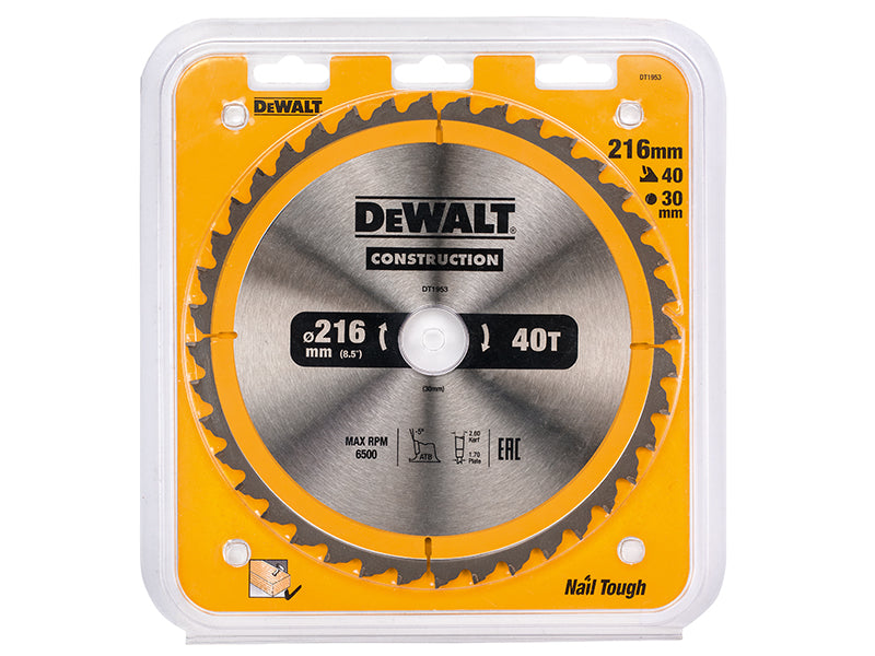 DEWALT Stationary Construction Circular Saw Blade 216 x 30mm x 40T ATB/Neg DEWDT1953QZ