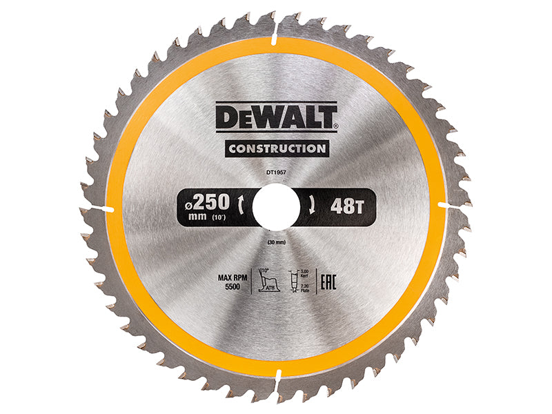 DEWALT Stationary Construction Circular Saw Blade 250 x 30mm x 48T DEWDT1957QZ