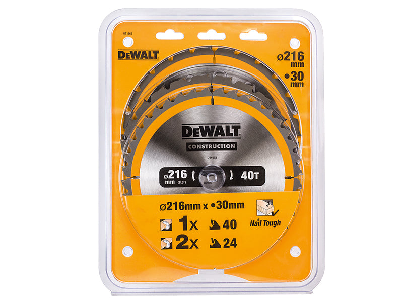 DEWALT DT1962 Construction Circular Saw Blade 3 Pack 216 x 30mm 2 x 24T 1 x 40T DEWDT1962QZ