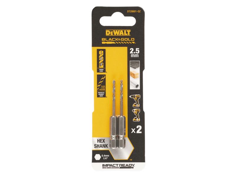 DEWALT BLACK&GOLD 1/4" Hex Shank HSS-G Drill Bits (2) 2.5mm DEWDT20601QZ