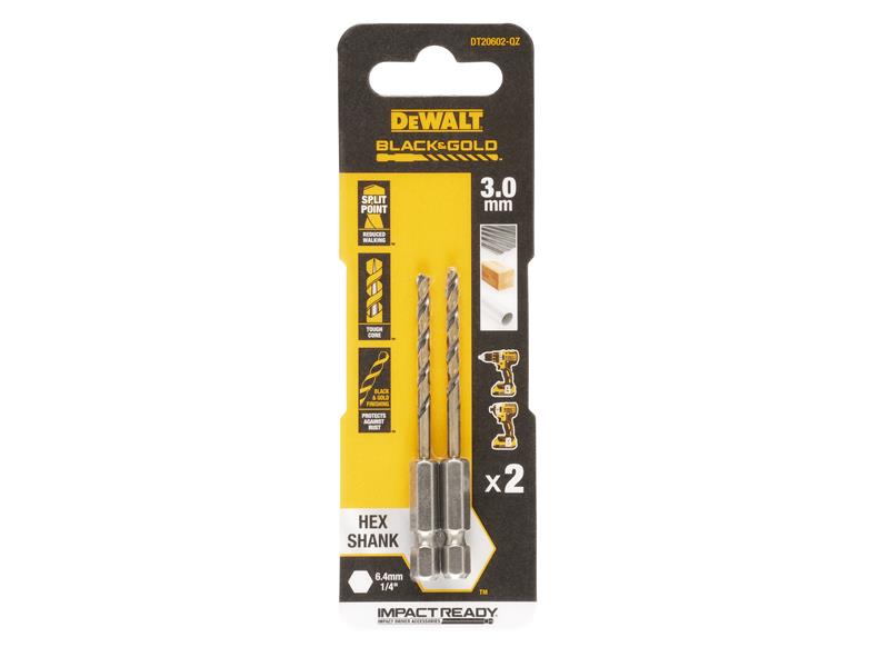 DEWALT BLACK&GOLD 1/4" Hex Shank HSS-G Drill Bits (2) 3.0mm DEWDT20602QZ
