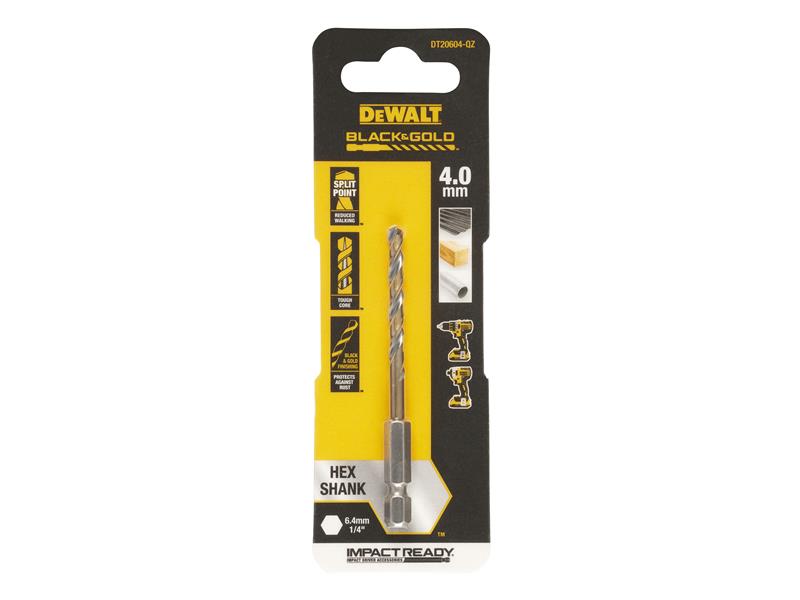 DEWALT BLACK&GOLD 1/4" Hex Shank HSS-G Drill Bit 4.0mm DEWDT20604QZ