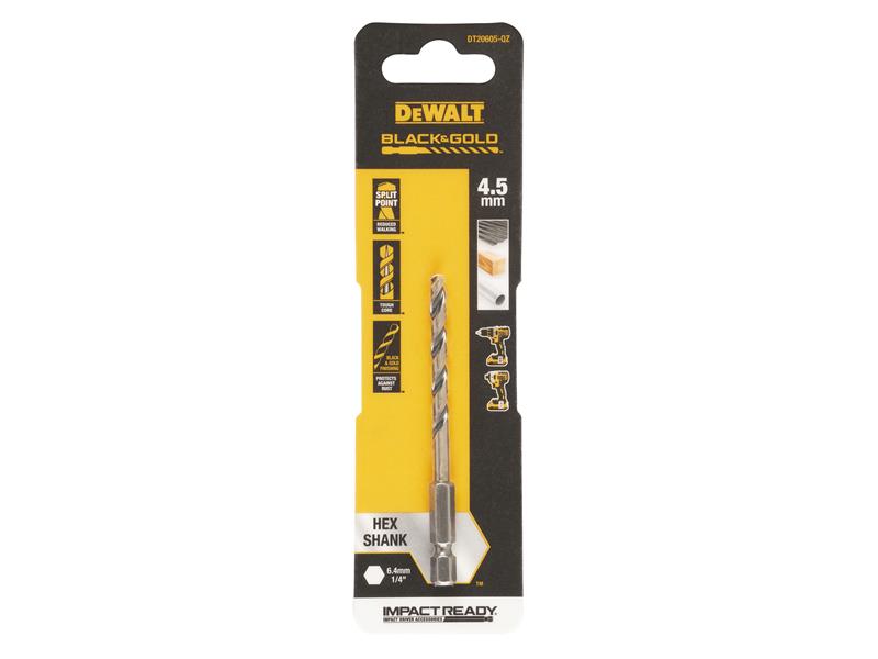DEWALT BLACK&GOLD 1/4" Hex Shank HSS-G Drill Bit 4.5mm DEWDT20605QZ