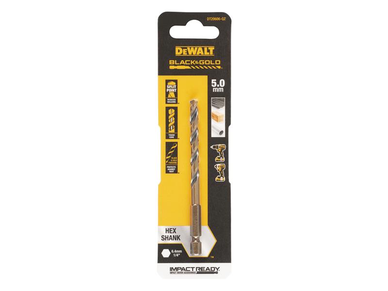 DEWALT BLACK&GOLD 1/4" Hex Shank HSS-G Drill Bit 5.0mm DEWDT20606QZ