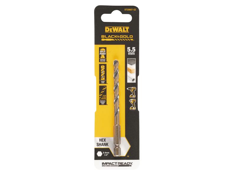 DEWALT BLACK&GOLD 1/4" Hex Shank HSS-G Drill Bit 5.5mm DEWDT20607QZ