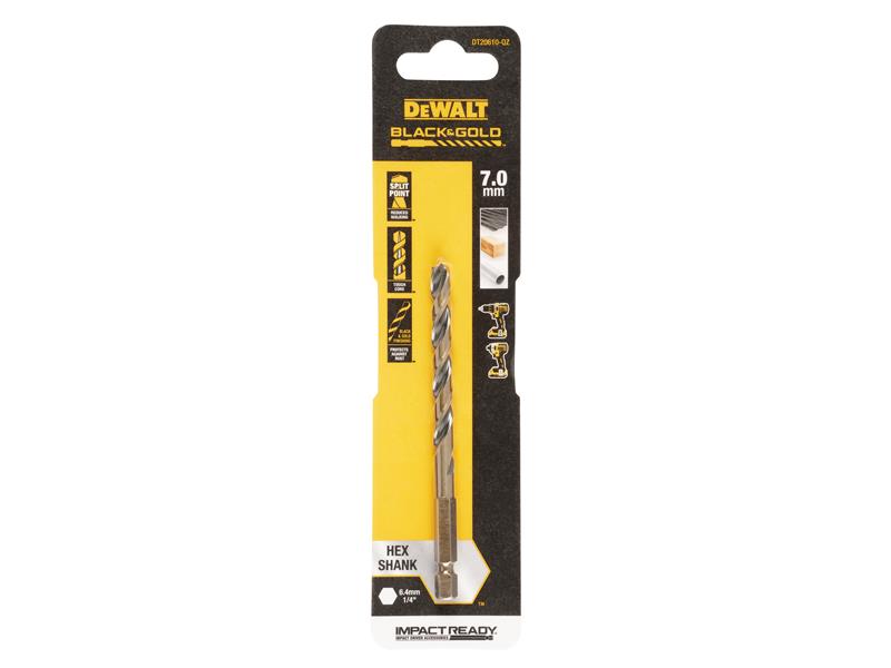 DEWALT BLACK&GOLD 1/4" Hex Shank HSS-G Drill Bit 7.0mm DEWDT20610QZ